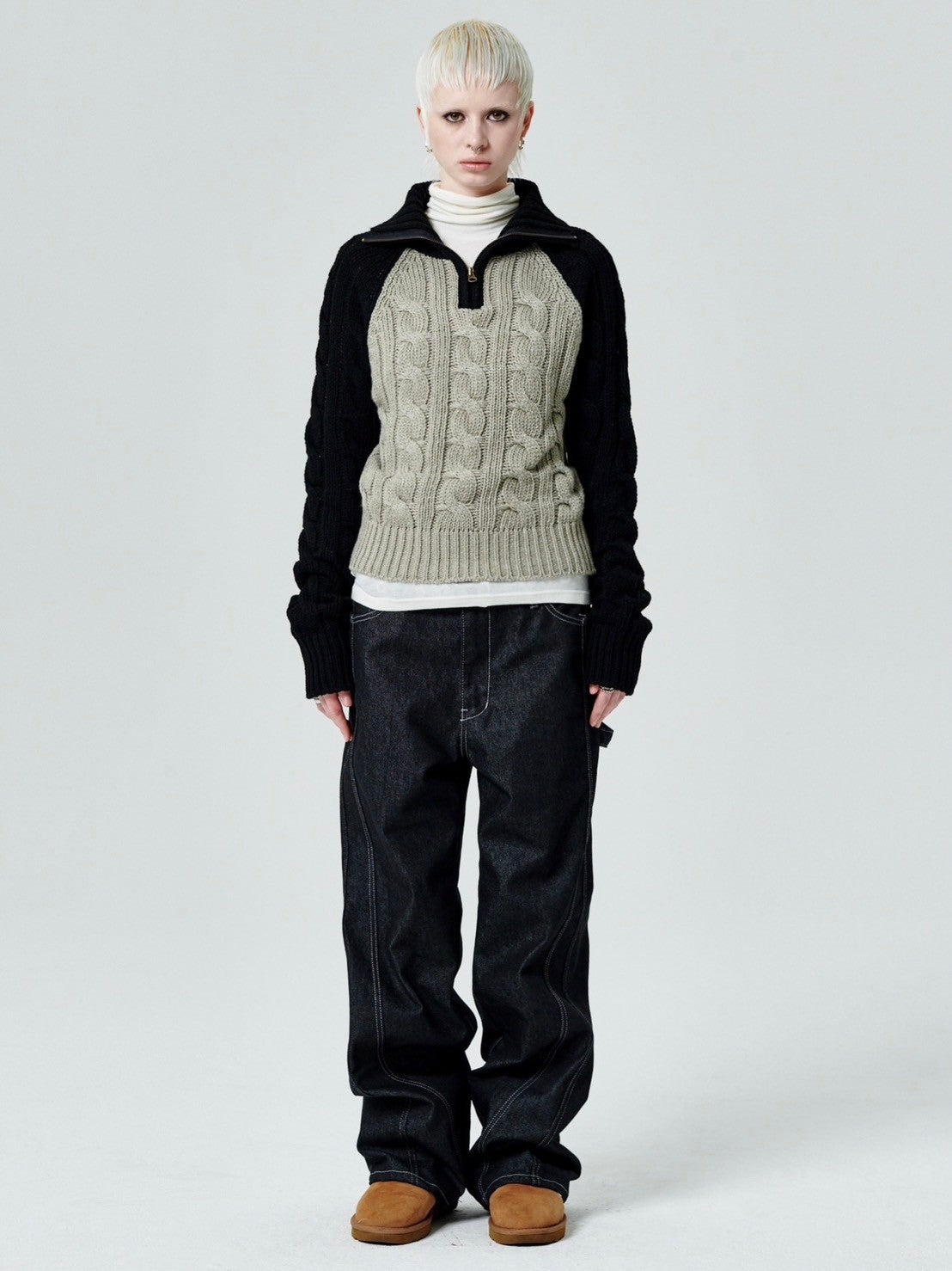 【runningHIGH】COLOR BLOCK TURTLENECK ZIP UP KNIT PULLOVER