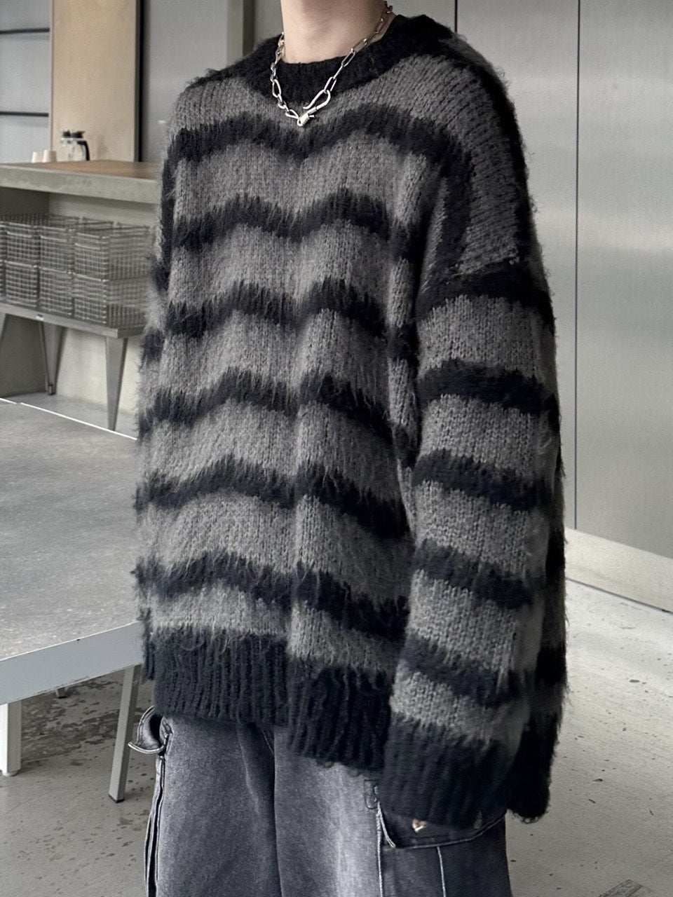 大阪店WEB限定受注制【Chikashitsu +】oversized wave border knit