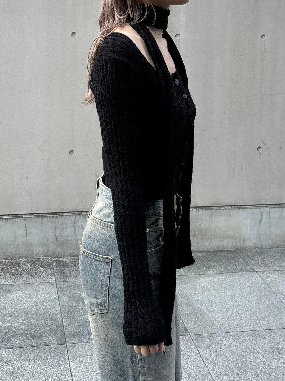 【Chikashitsu + LADIES】scarf set cropped knit tops (2color)