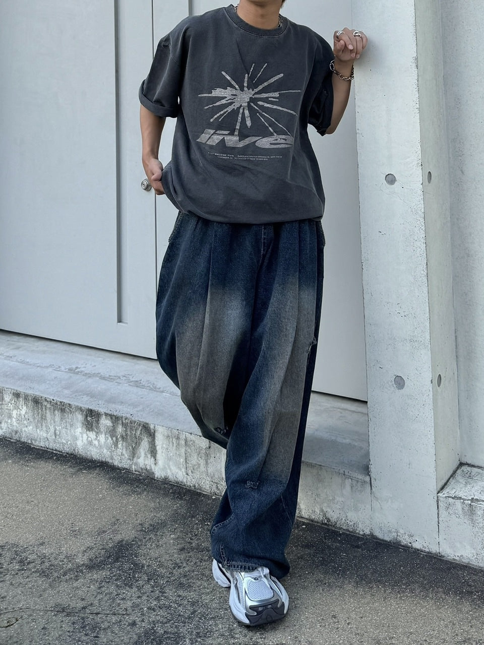 受注制【RENOL】damage denim wide easy pants