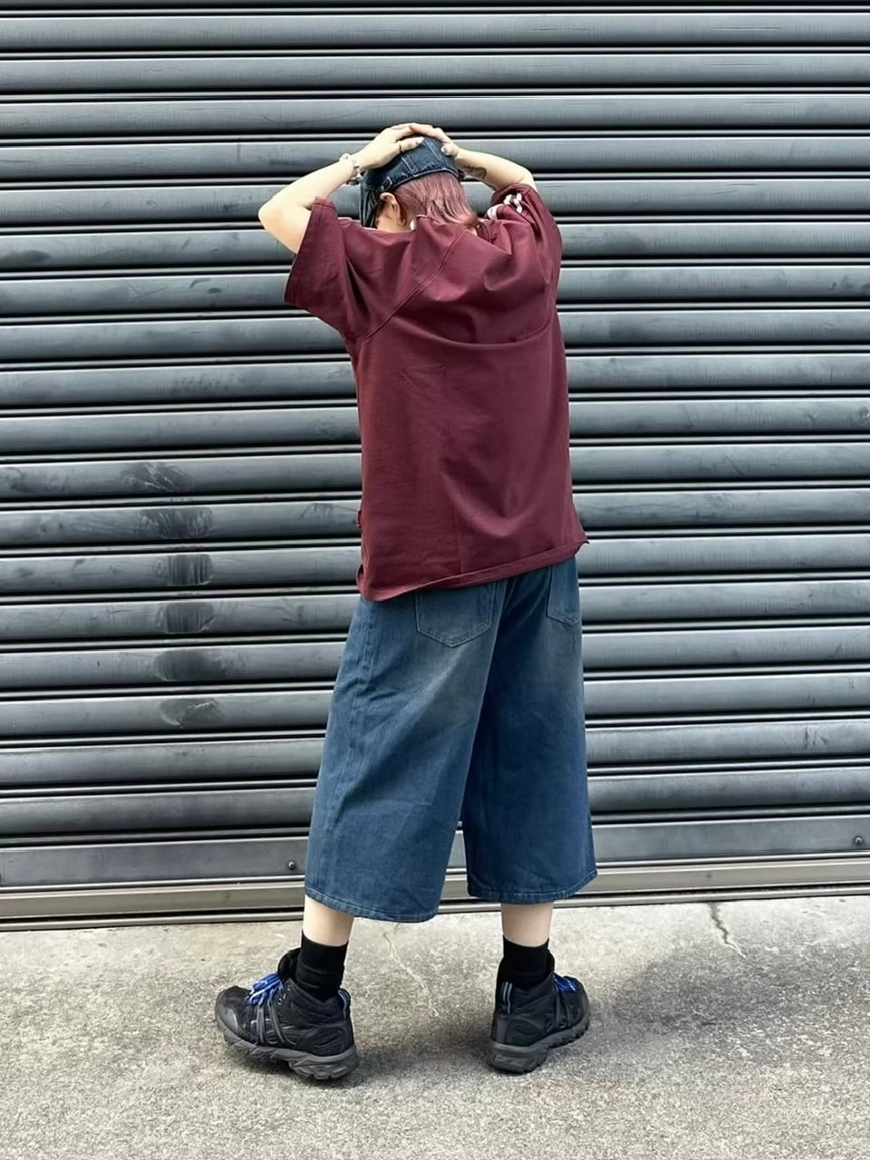 【Chikashitsu +】vintage wash wide denim half pants (2color)