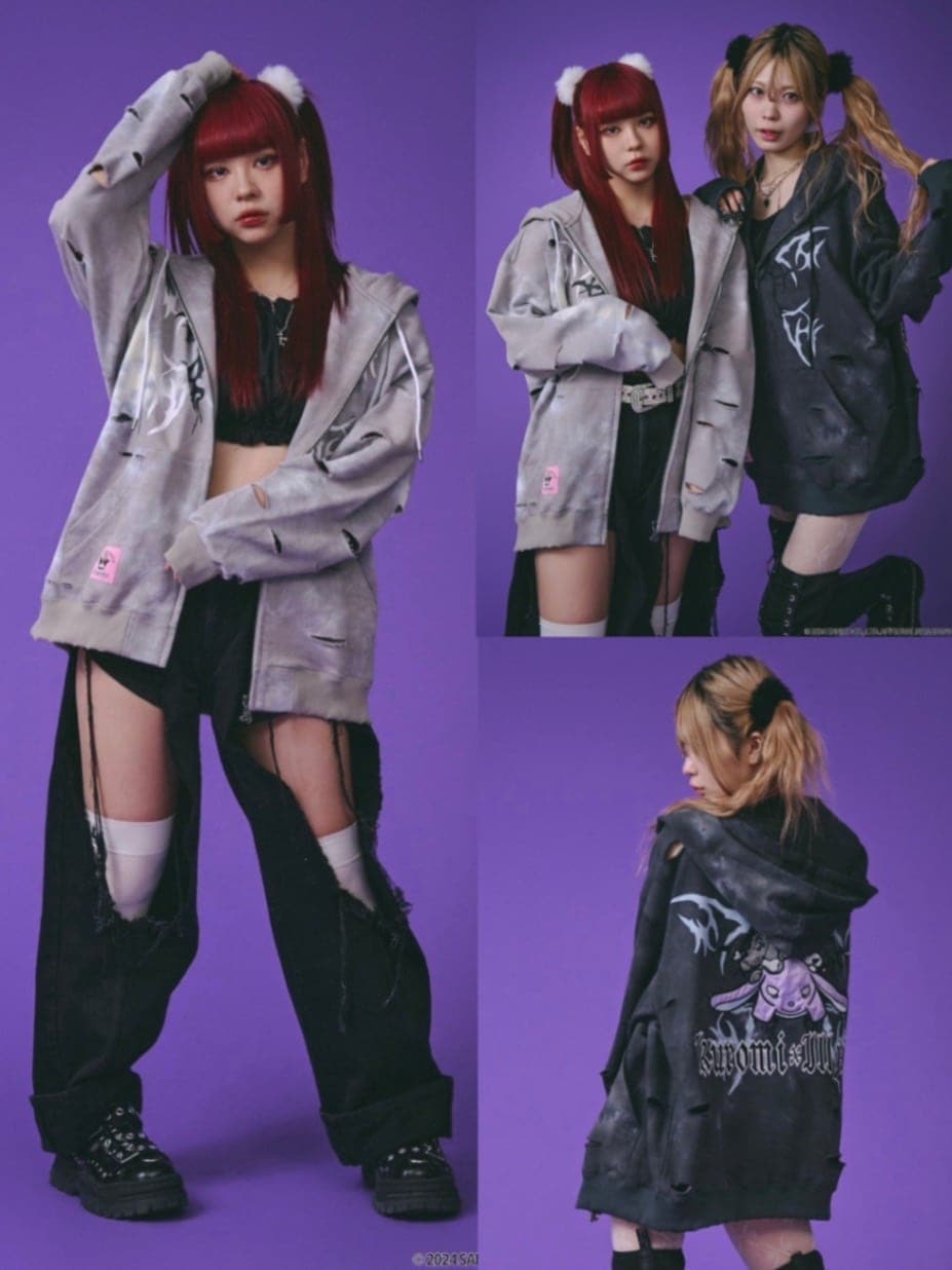 【GALFY×KUROMI】イルガルフィームラ染めZIPパーカー / 【ガルフィー×クロミ】ロゴ長袖ジップアップパーカー