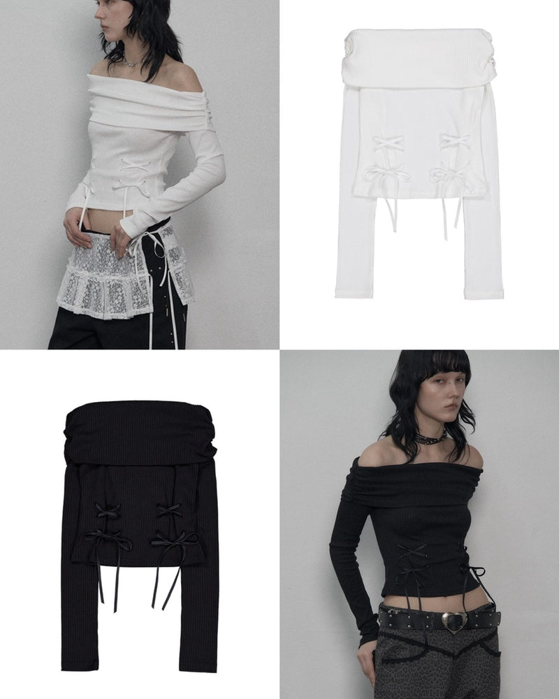 【SETUP-EXE】CORSET OFF-SHOULDER TOP / 【セットアップエグゼ】コルセットリボンオフショルダー長袖Tシャツ