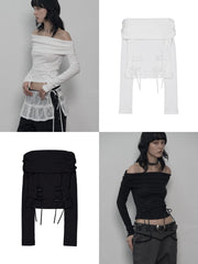 【SETUP-EXE】CORSET OFF-SHOULDER TOP / 【セットアップエグゼ】コルセットリボンオフショルダー長袖Tシャツ