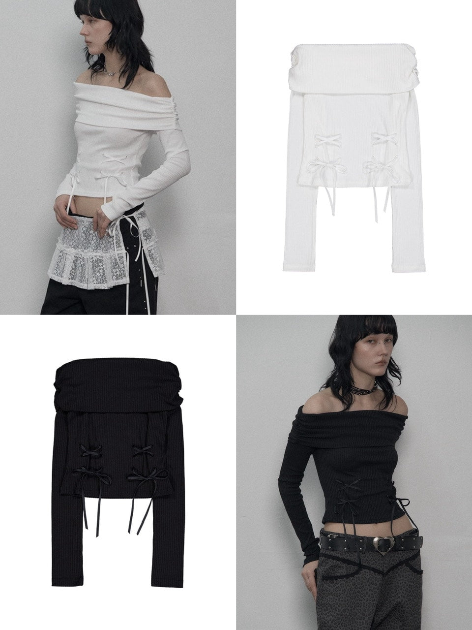 【SETUP-EXE】CORSET OFF-SHOULDER TOP / 【セットアップエグゼ】コルセットリボンオフショルダー長袖Tシャツ