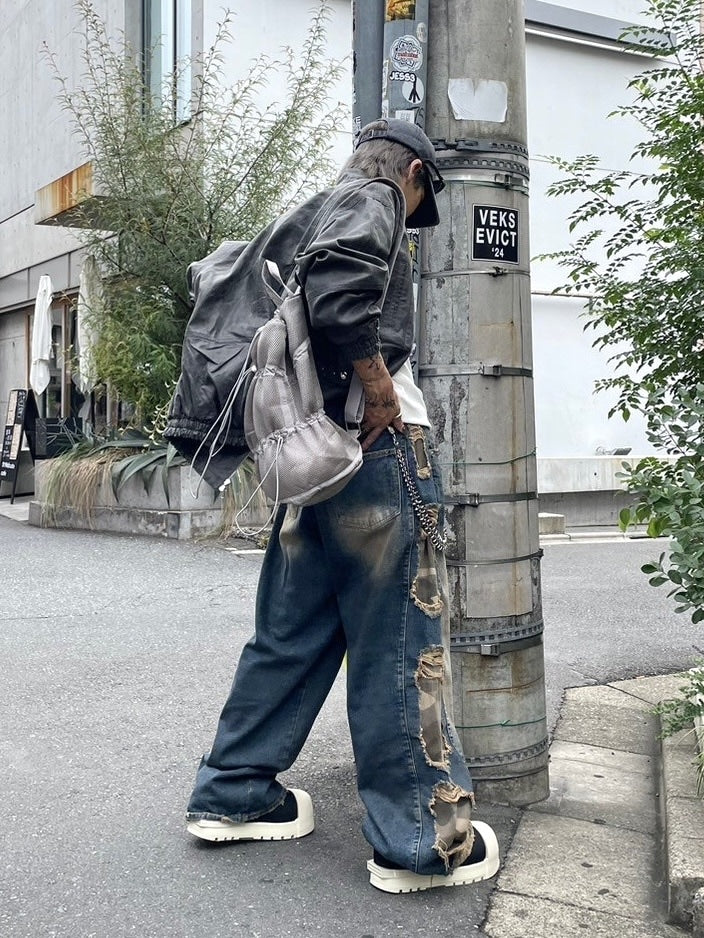 受注制【Never mind the XU】camouflage side damage denim pants (2color) / 【ネバーマインドザエックスユー】カモフラージュサイドダメージワイドデニムパンツ