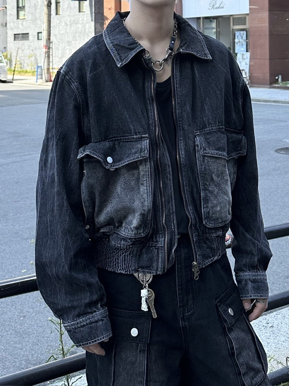 大阪店WEB限定受注制【Chikashitsu +】vintage wash cropped denim jacket (black)