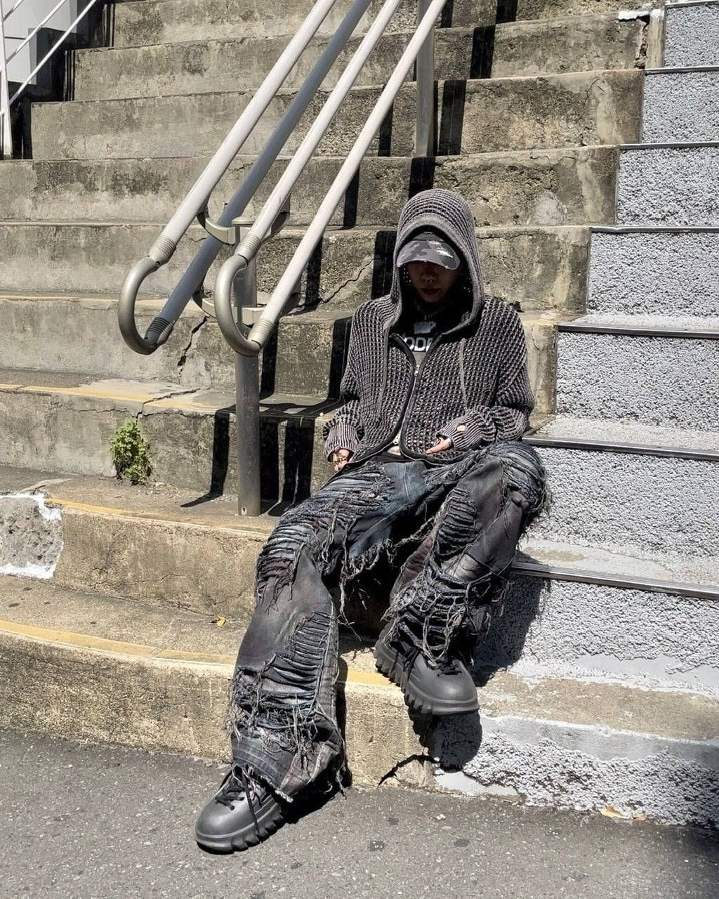 受注制【Never mind the XU】mesh zip damage hoodie (2color) / 【ネバーマインド ザ エックスユー】メッシュダメージジップアップ長袖パーカー