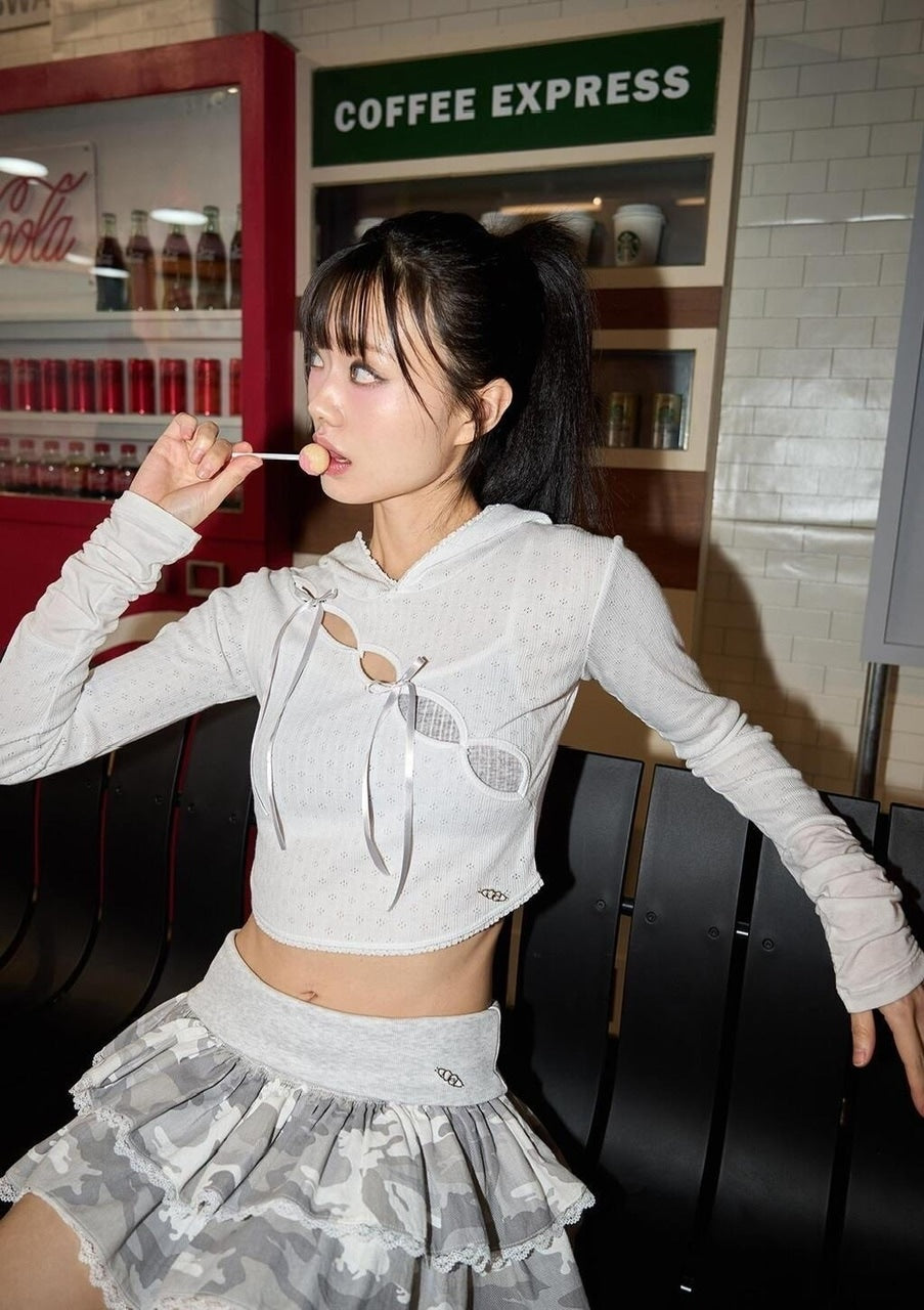 【CHERRYQUIRI】wave lace ribbon hoody / 【チェリーキュリー】ウェイブレースリボン長袖パーカー