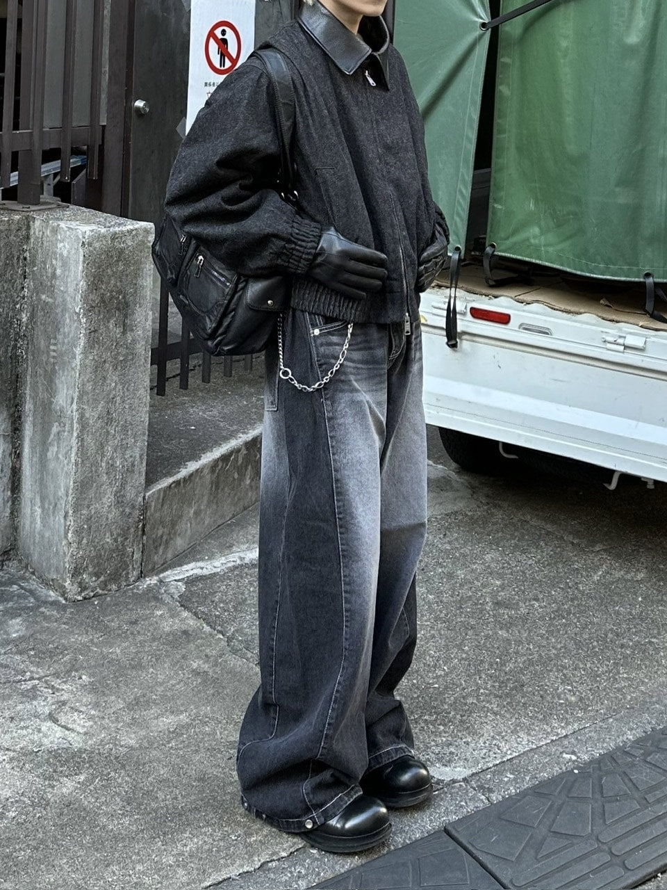 大阪店WEB限定【Chikashitsu +】cropped leather collar denim jacket