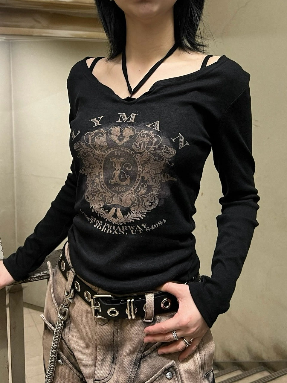【Never mind the XU】v neck vintage print long sleeve tee (3color) / 【ネバーマインドザエックスユー】Vネックヴィンテージプリント長袖Tシャツ