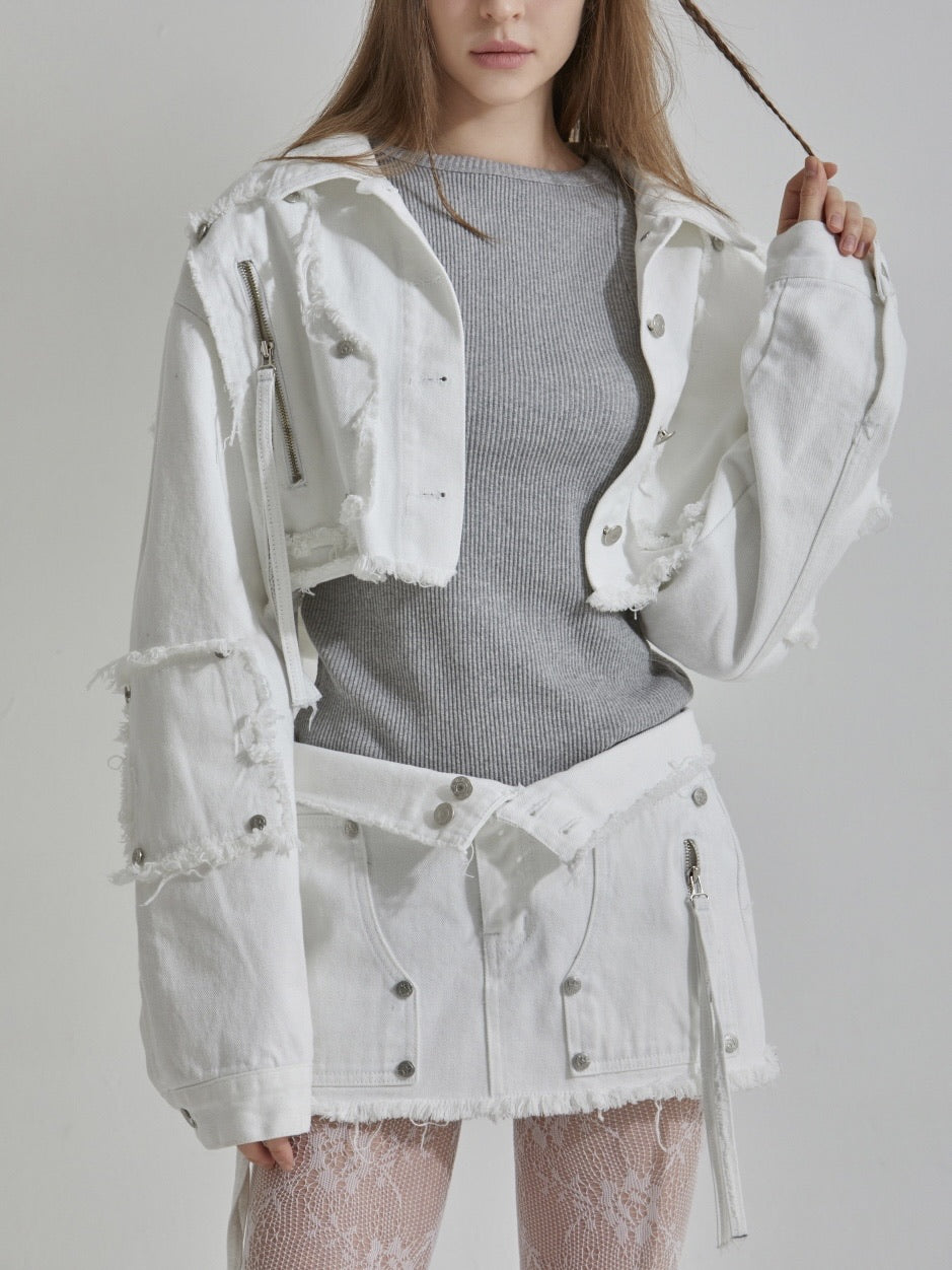 【GATELESS】RIVET FRINGE DENIM MINI SKIRT