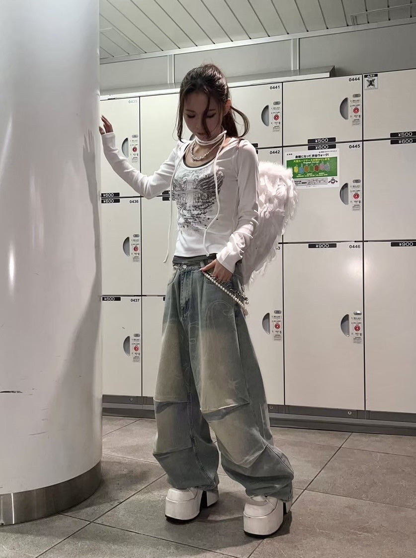 【Never mind the XU】tie set cross wing long sleeve tee (3color) / 【ネバーマインドザエックスユー】ネクタイセットクロスウィングプリント長袖Tシャツ