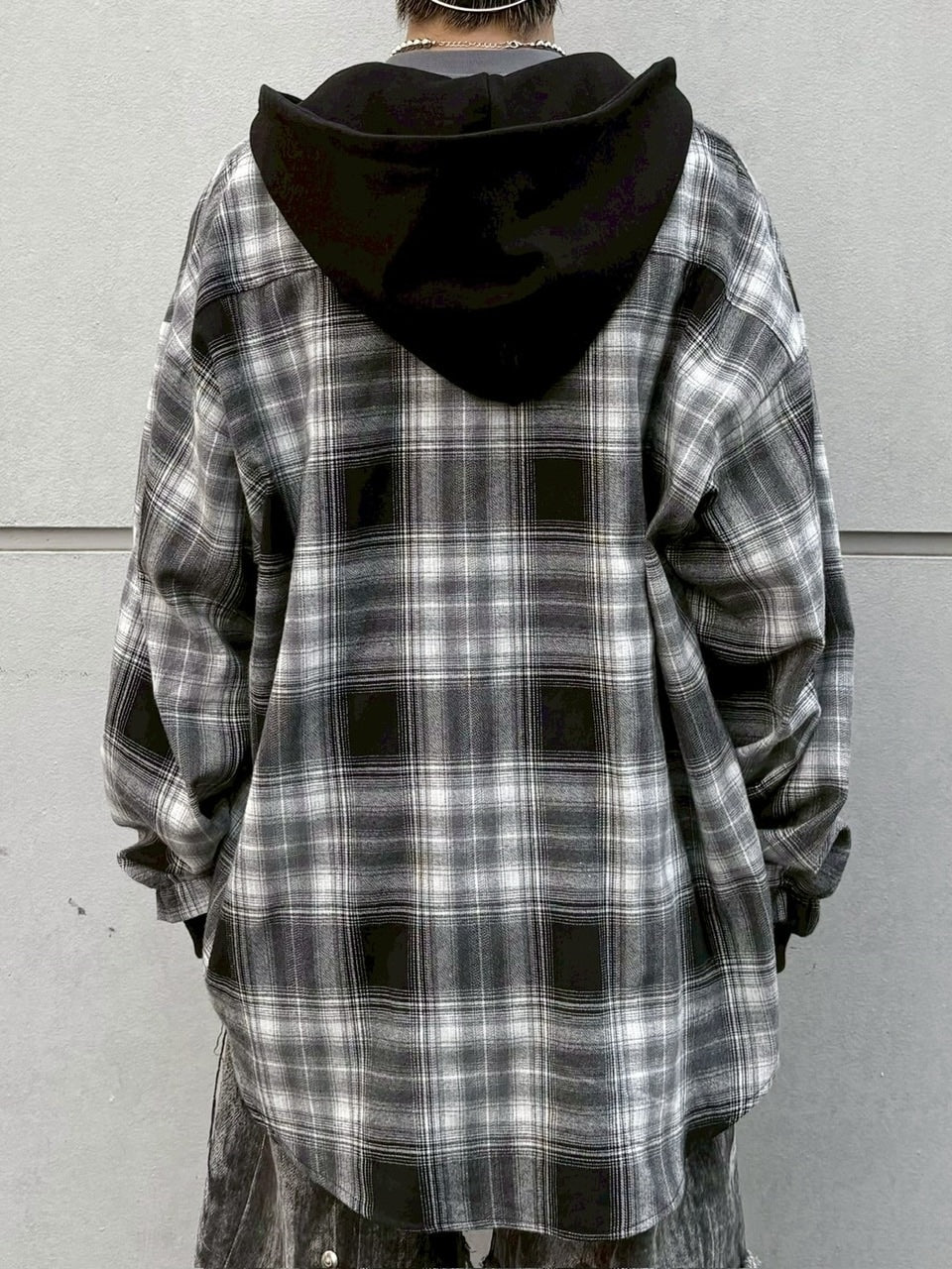 受注制【Never mind the XU】layered check shirts / 【ネバーマインドザエックスユー】レイヤードチェックフード長袖シャツパーカー