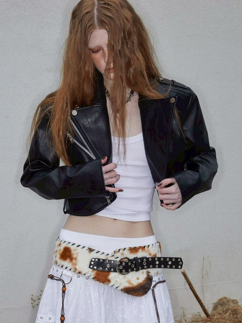 【NOT KNOWING】Curved Crop Rider Jacket / 【ノットノーイング】カーブクロップライダースジャケット