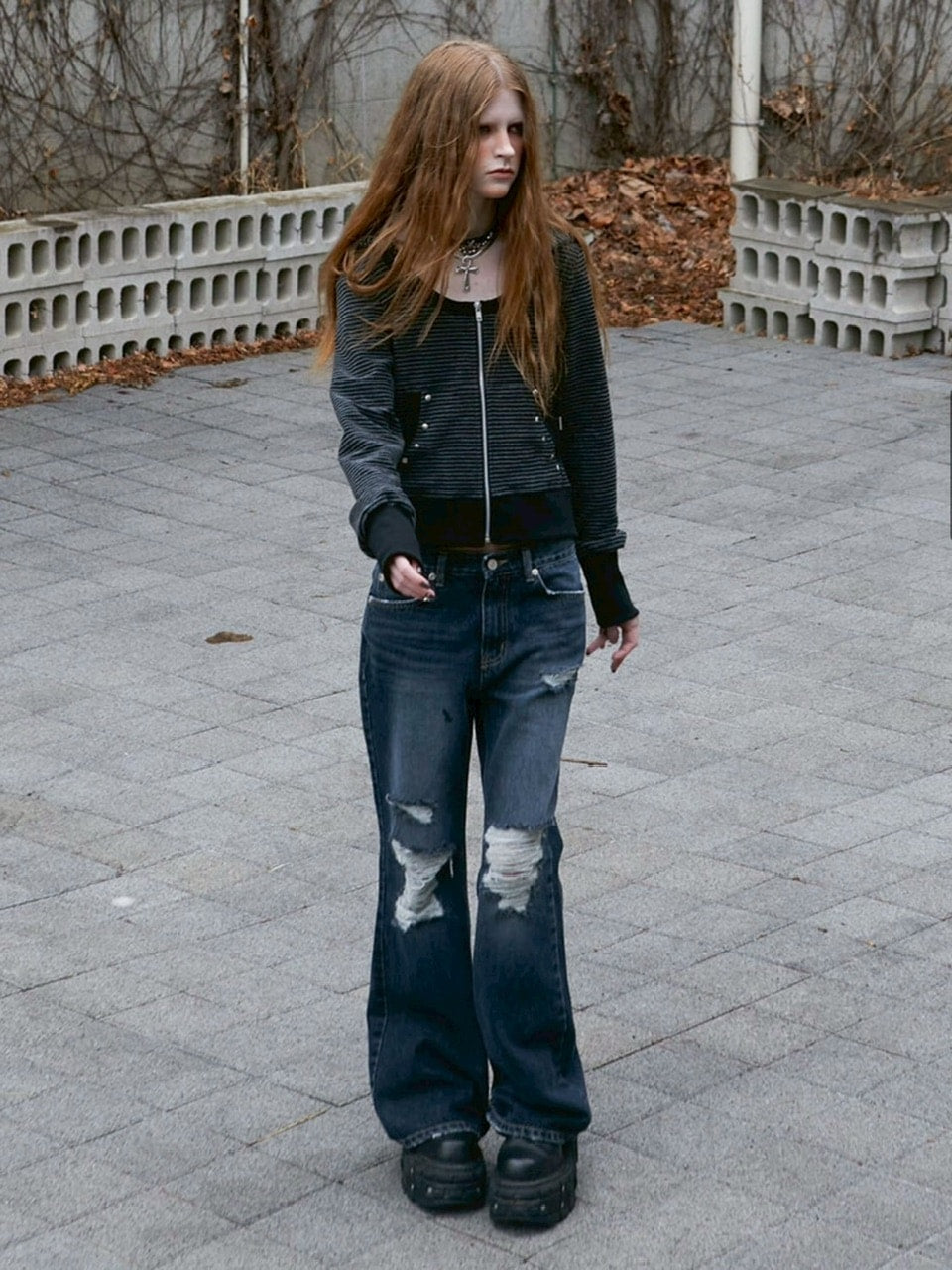 【NOT KNOWING】U Neck Stripe Hood Zip Up