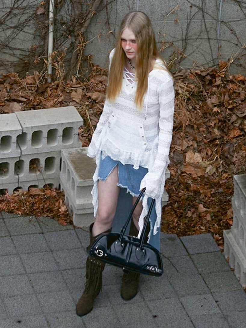 【NOT KNOWING】Lace V Neck Ruffle Hoodie