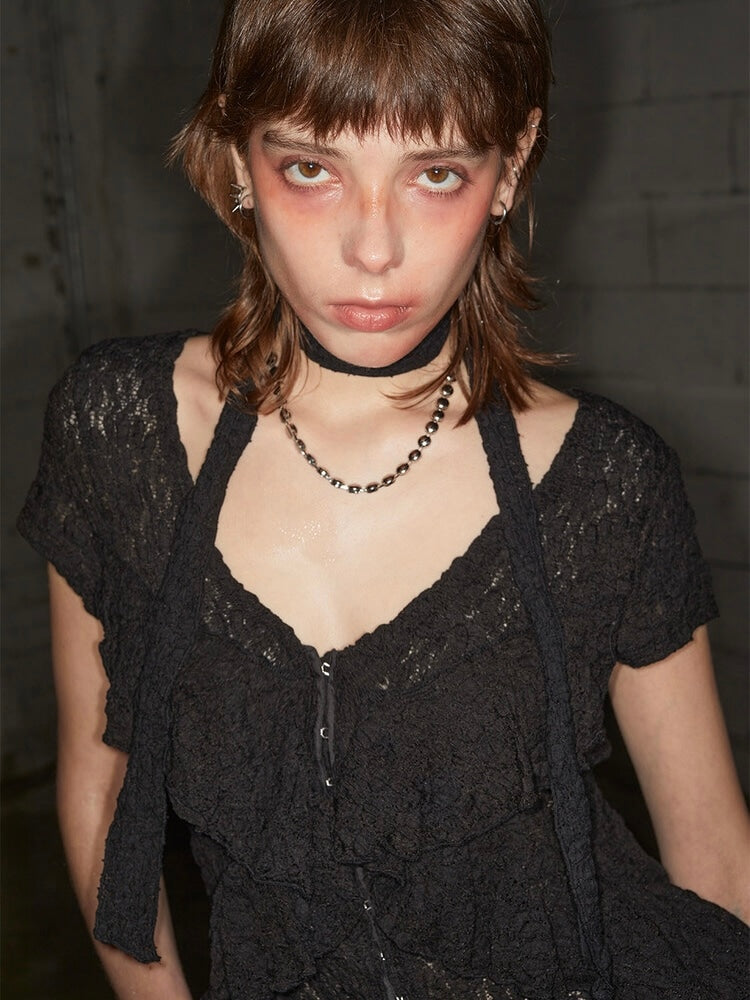 【NOT KNOWING】Grunge Ruffle Blouse / 【ノットノーイング】グランジラッフル半袖ブラウスシャツ