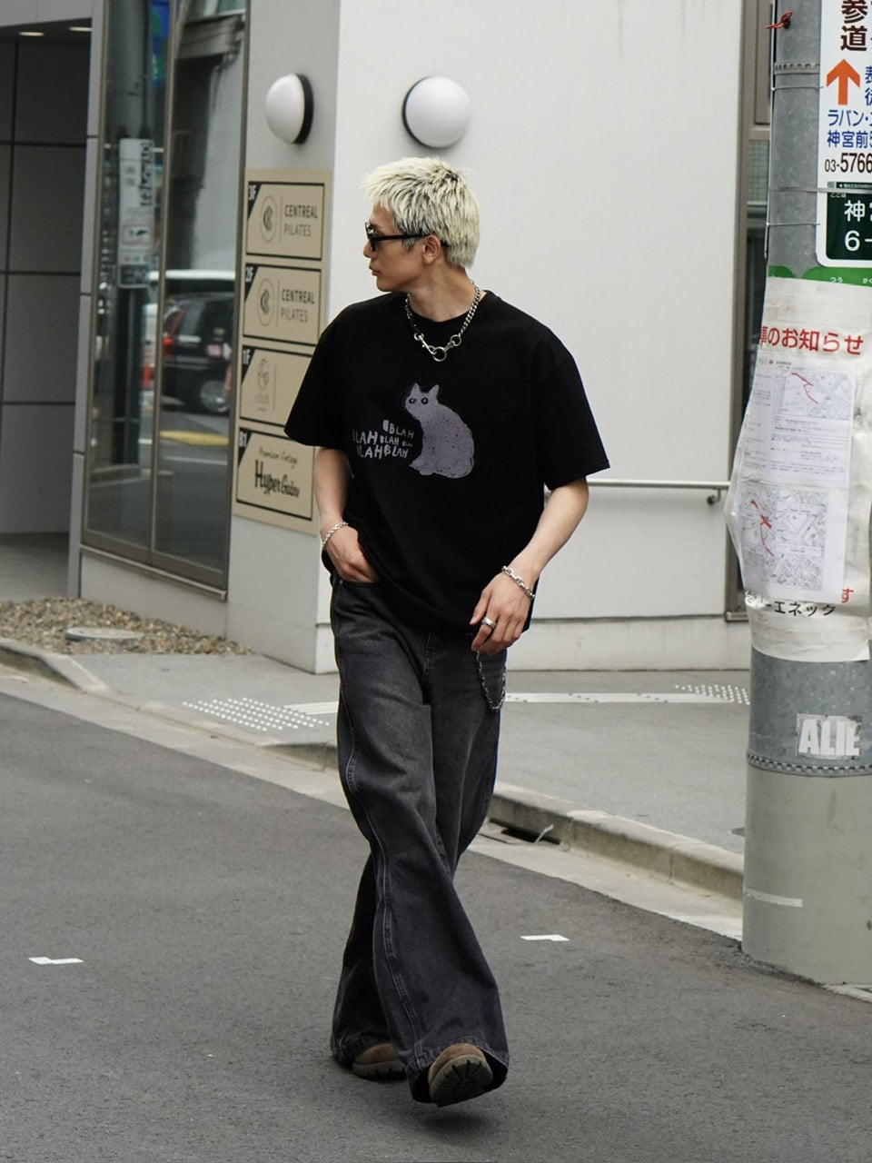 【Chikashitsu +】side wave design denim pants (BLACK)