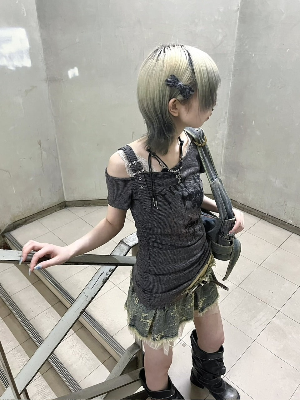 受注制【Never mind the XU】one shoulder punk tops (3color) / 【ネバーマインドザエックスユー】ワンショルダーパンクプリント半袖トップス