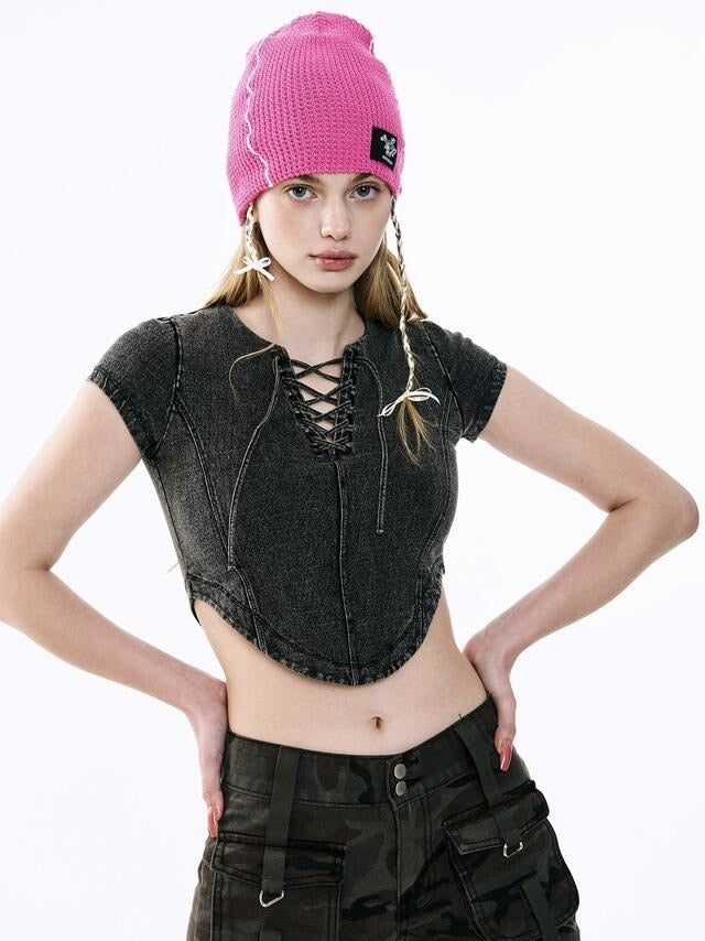 【ODDONEOUT】Washing denim Vneck top / 【オッドワンアウト】ウォッシングデニムVネック半袖Tトップス