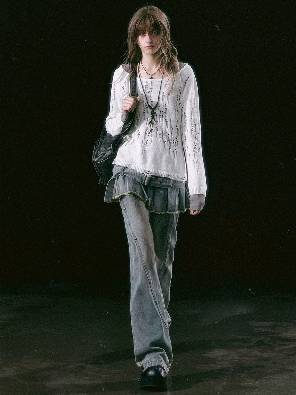 【Cest Nous】Dirty Wash Blue Denim Jeans / 【セヌー】ダーティーウォッシングスカートレイヤードデニムパンツ