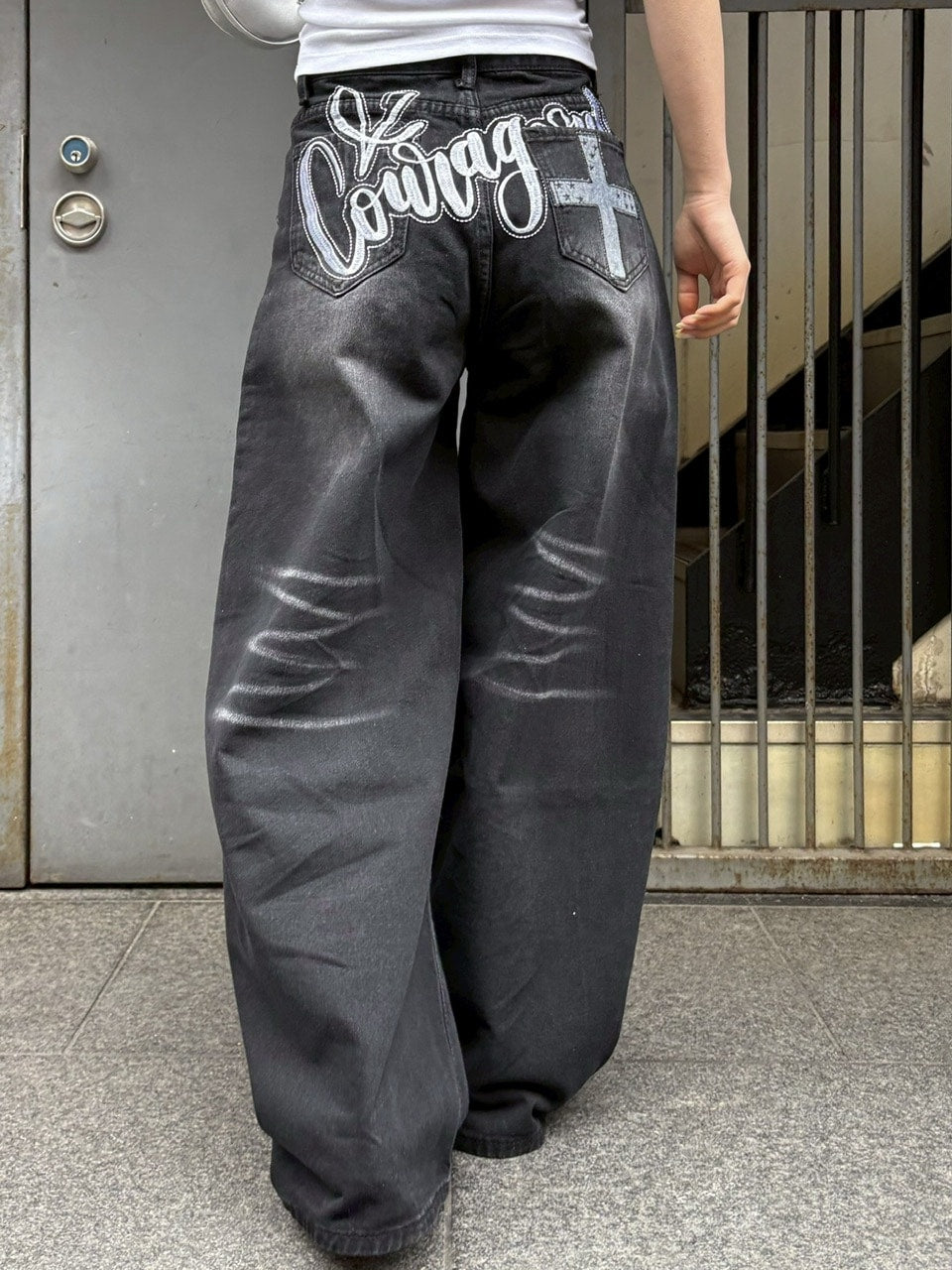 受注制【Never mind the XU】back print wide denim pants / 【ネバーマインドザエックスユー】バックプリントワイドデニムパンツ