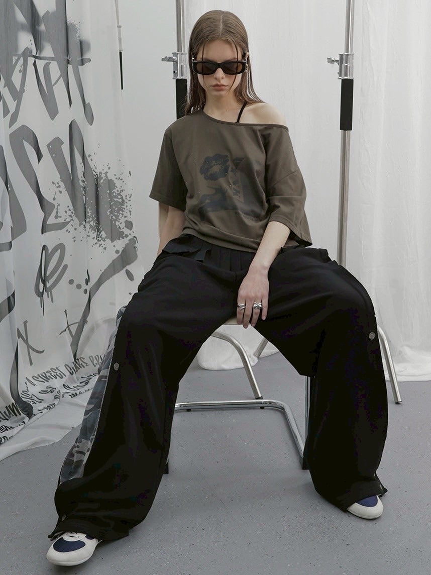 HOLY NUMBER 7】OFF-SHOULDER PUNK GRAPHICS SHORT-SLEEVED T-SHIRT