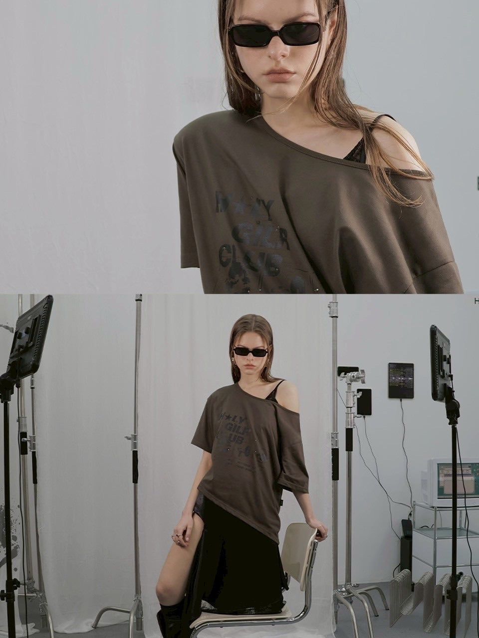 【HOLY NUMBER 7】OFF-SHOULDER HOLY GIRL CLUB GRAPHICS SHORT-SLEEVED T-SHIRT/ 【ホーリーナンバーセブン】オフショルダープリント半袖Tシャツ