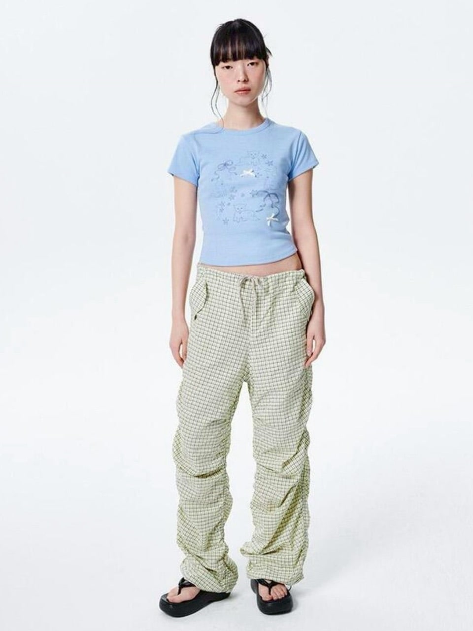 【runningHIGH】CHECK SHIRRING PARACHUTE PANTS