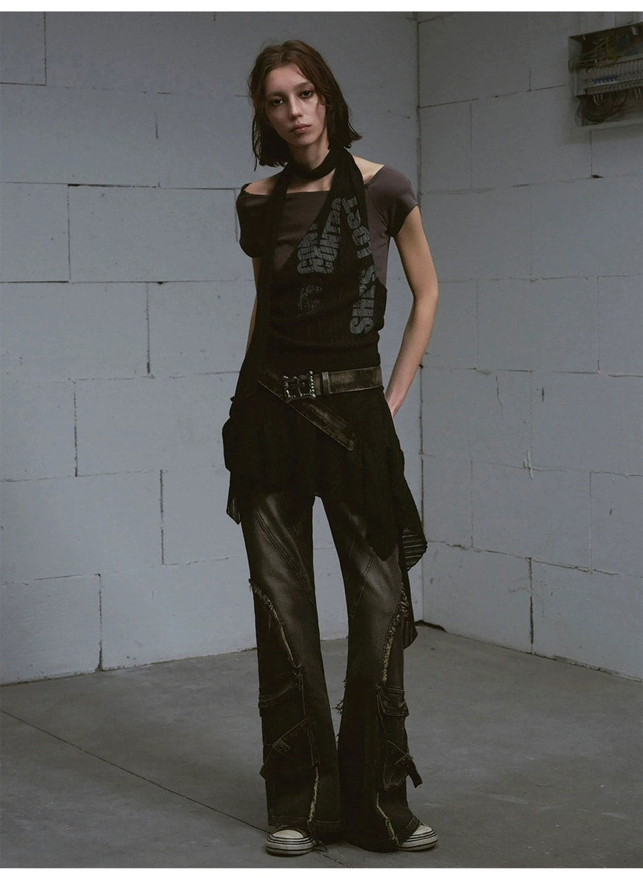 【Cest Nous】Black and Gray Short-sleeved T-shirts / 【セヌー】クロップ半袖Tシャツシアーチュニックレイヤードトップス