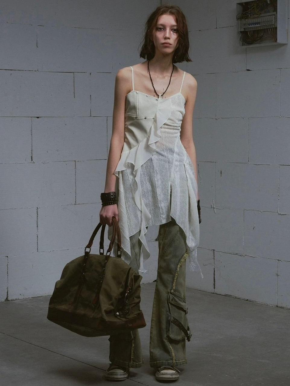 【Cest Nous】Leather lace camisole dress / 【セヌー】レザーレースシアーキャミワンピース