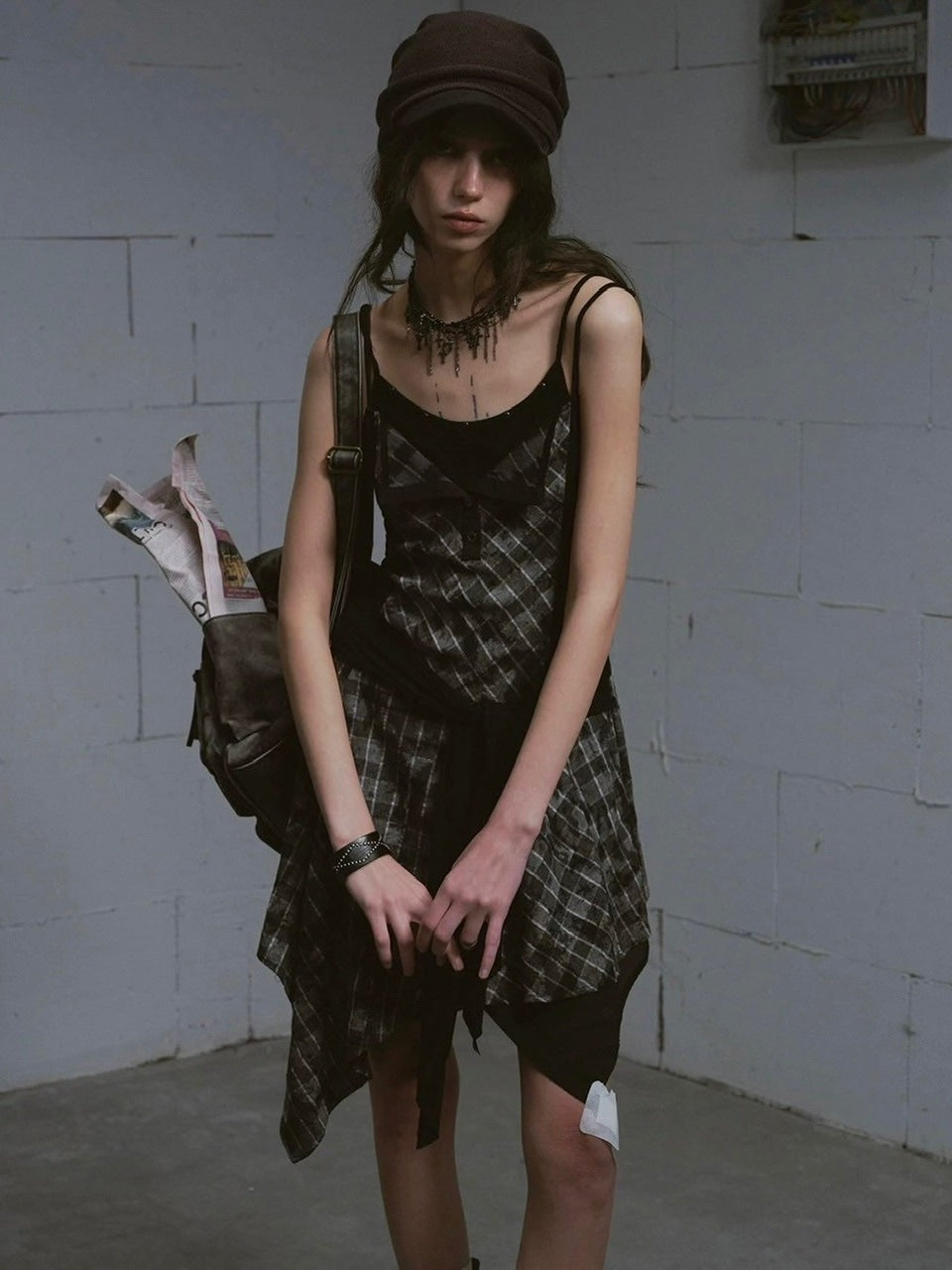 【Cest Nous】Plaid tie-strap camisole dress / 【セヌー】プリーツグレンチェックストラップキャミワンピース