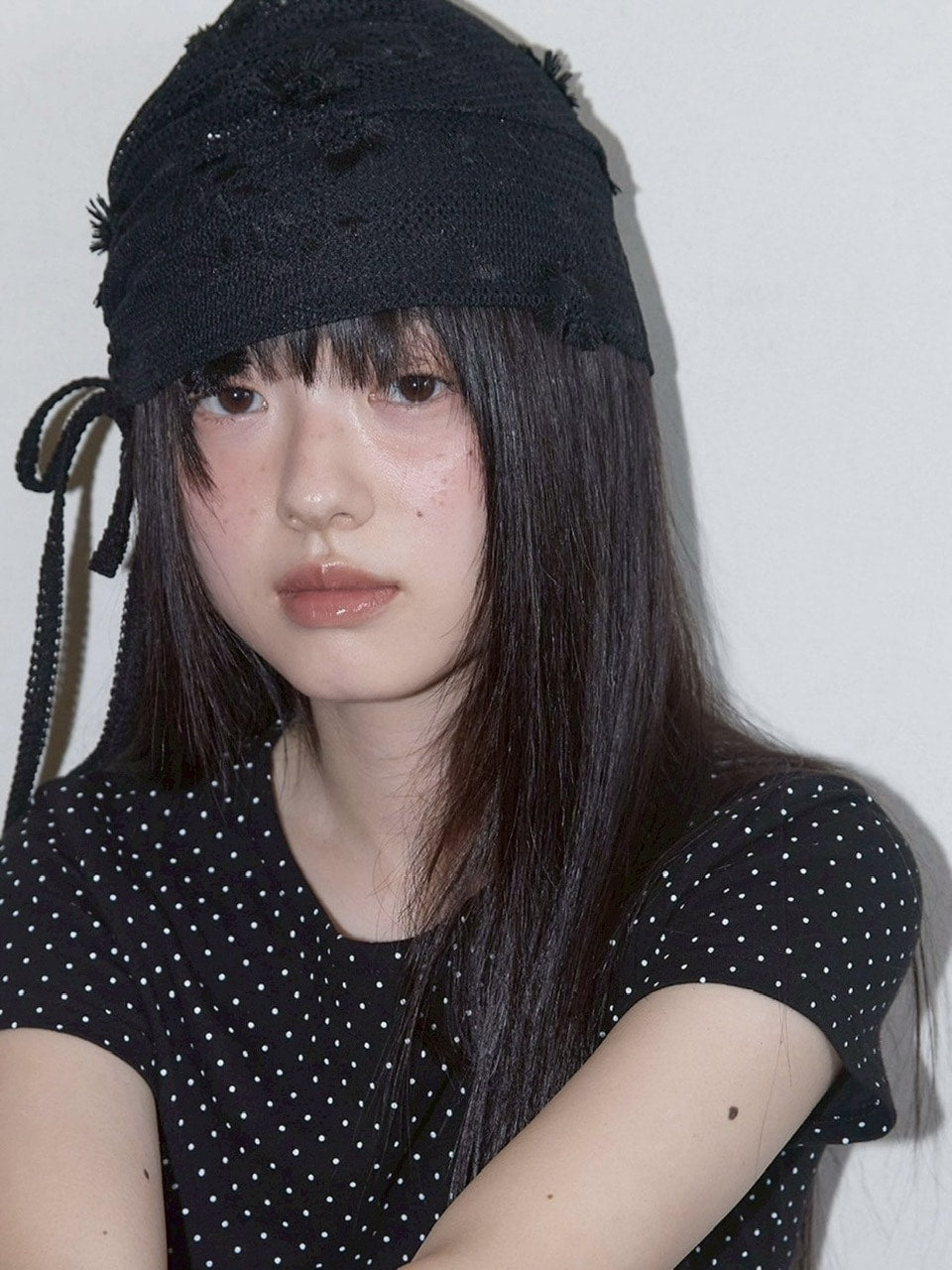 【FANCY CLUB】Lace Ribbon Shirring Beanie / 【ファンシークラブ】レースリボンシャーリングニット帽子