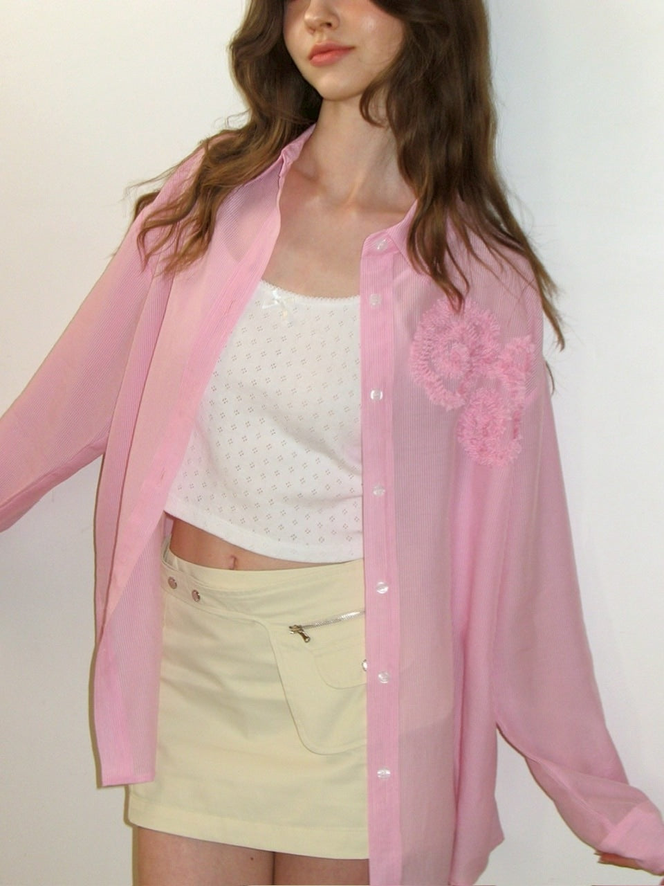 【CRANK】FLOWER STRIPED SHEER SHIRT / 【クランク】フラワーストライプボーダーシアー長袖シャツ