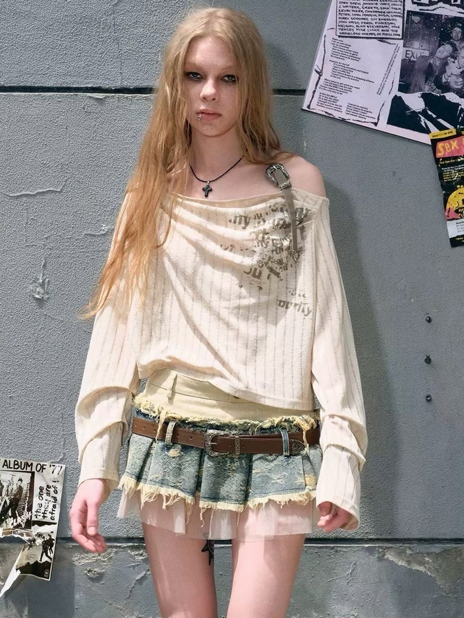 【Cest Nous】Belted Denim Pleated Skirt