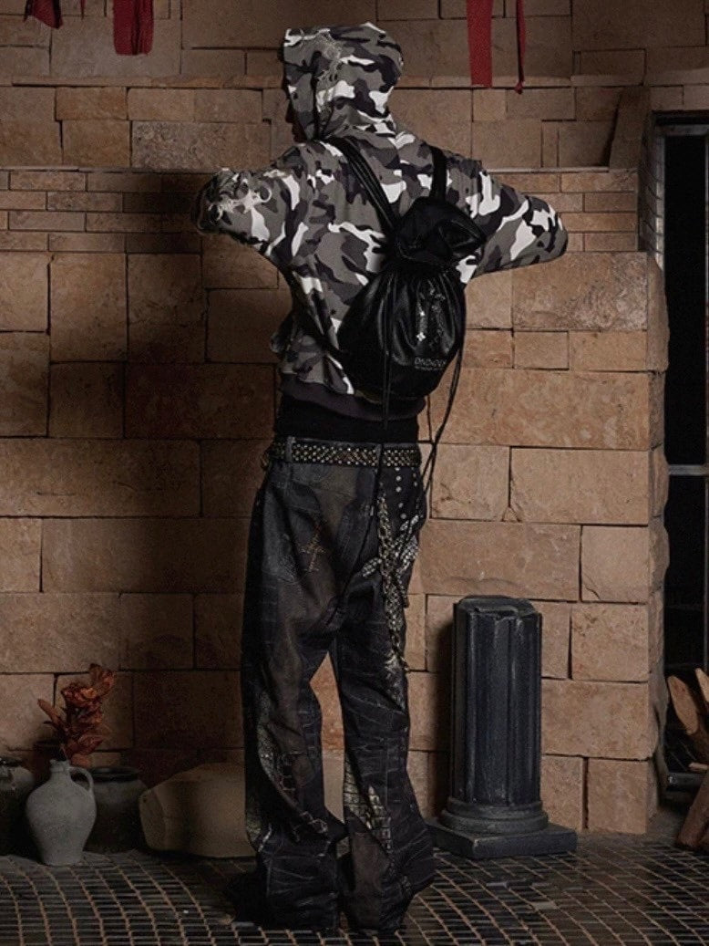 【DND4DES】LEATHER CROSS SPLICING PRINTED JEANS