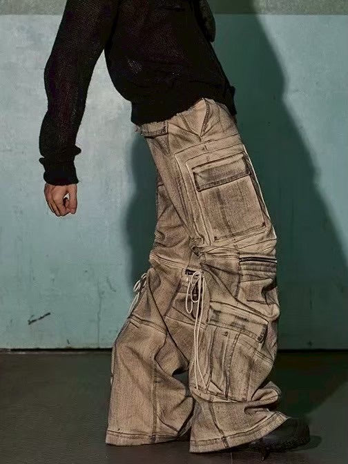 【DND4DES】DISTRESSED DRAWSTRING ADJUSTABLE ZIPPER CARGO PANTS