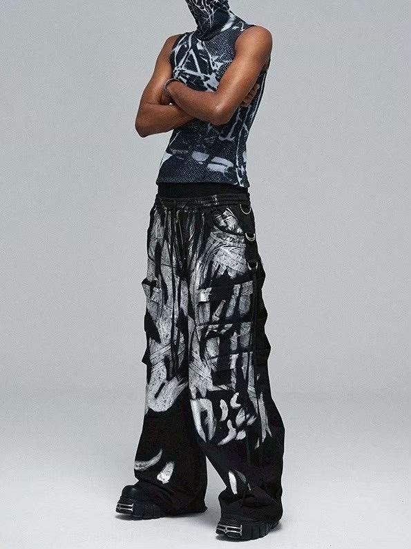 【DND4DES】 MULTI-LAYERED STRIPED GRAFFITI CARGO PANTS