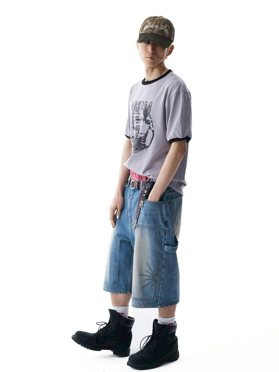 【AAKAM】Washed Double Knee Bermuda Denim Pants