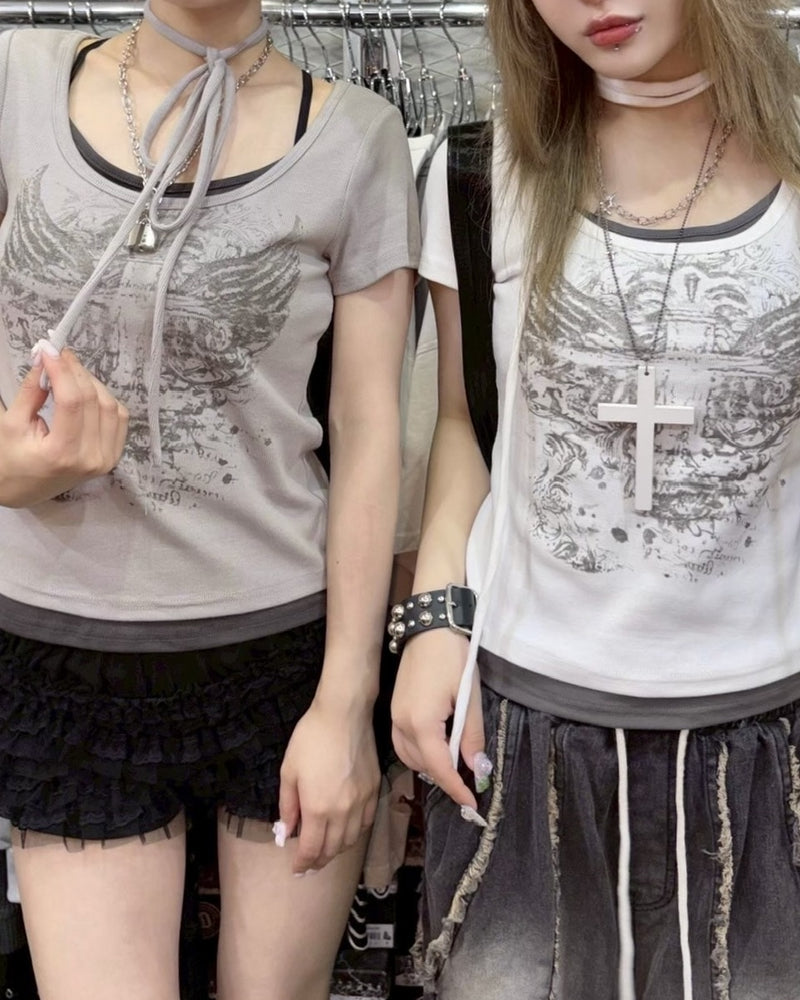 受注制【Never mind the XU】tie set cross wing tee (2color) / 【ネバーマインドザエックスユー】ネクタイセットクロスウィング半袖Tシャツ
