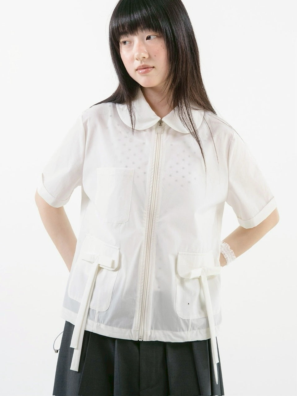 【TUOMIO】ROUND COLLAR NYLON ZIP-UP / 【トゥオミオ】ラウンドカラーナイロン半袖シャツジャケット