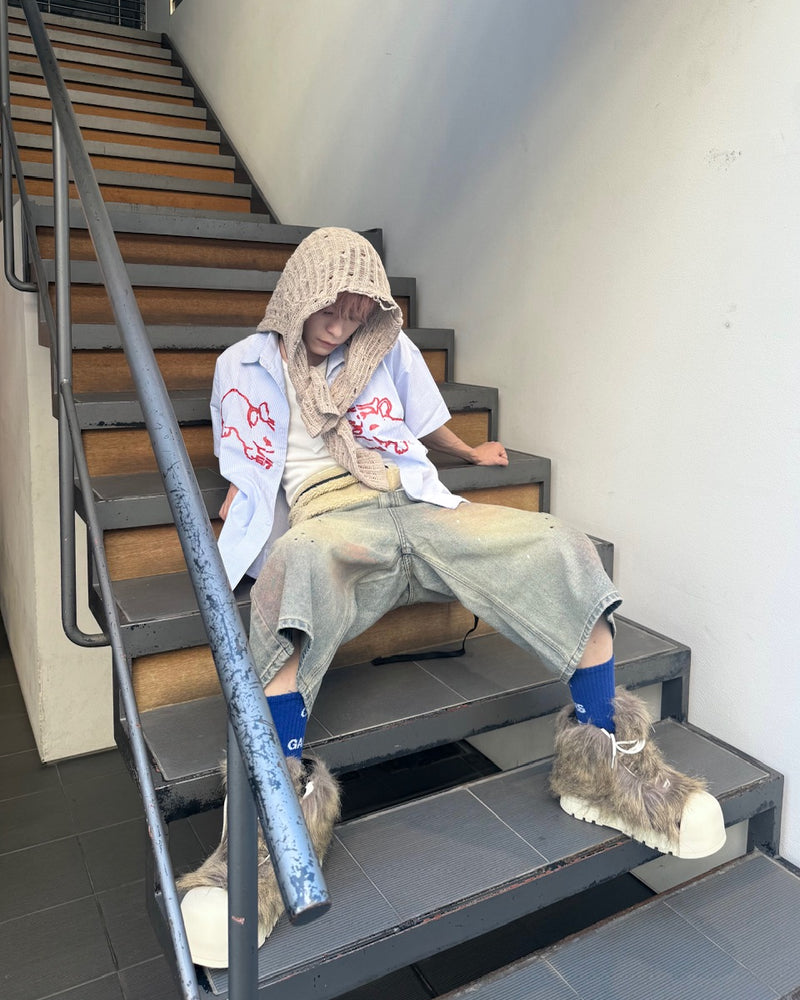 国際配送【Nerd out XU】pink washed seven quarte denim pants / 【ナードアウトエックスユー】ピンクウォッシュドワイドハーフパンツ