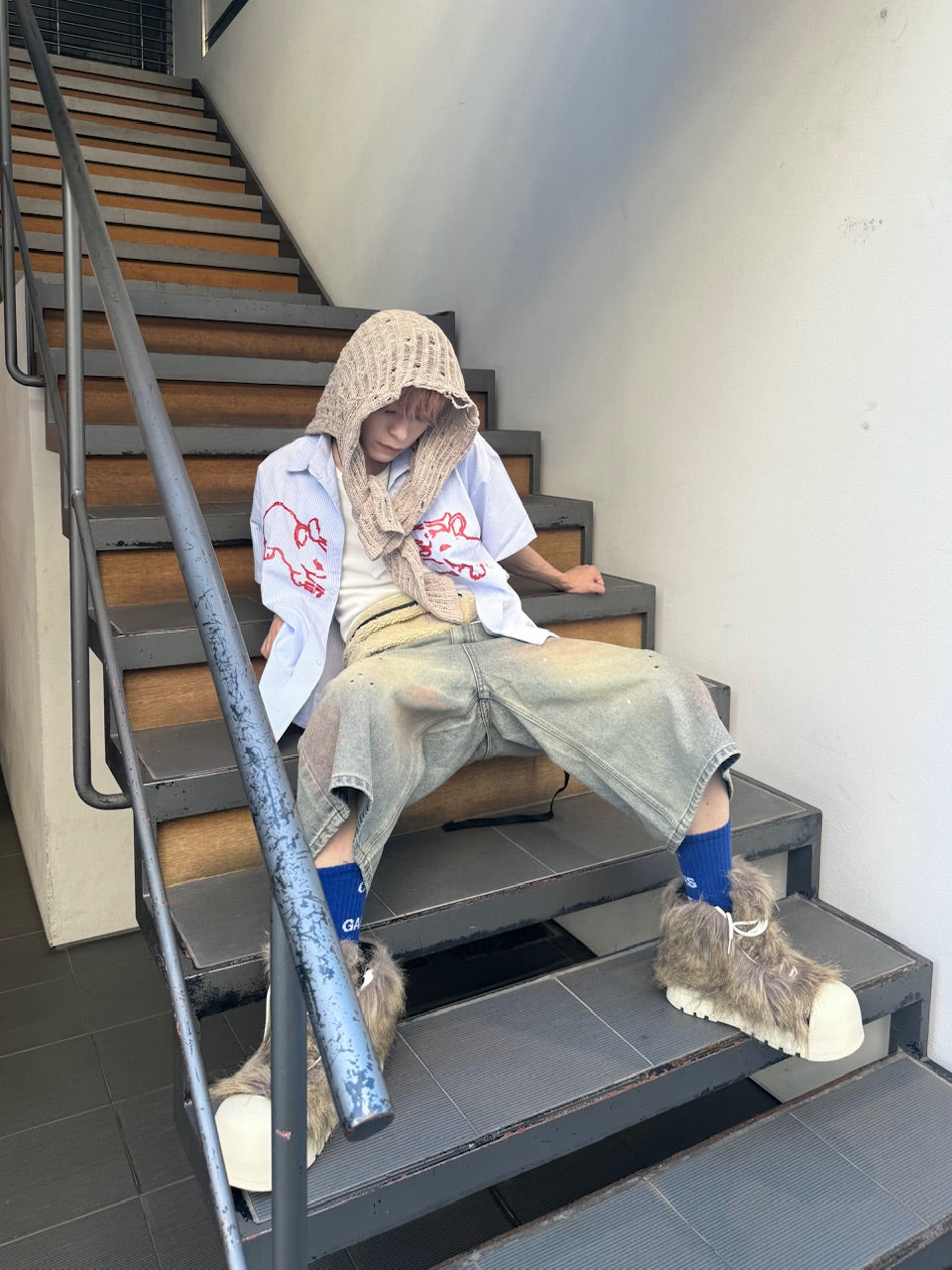 国際配送【Nerd out XU】pink washed seven quarte denim pants / 【ナードアウトエックスユー】ピンクウォッシュドワイドハーフパンツ