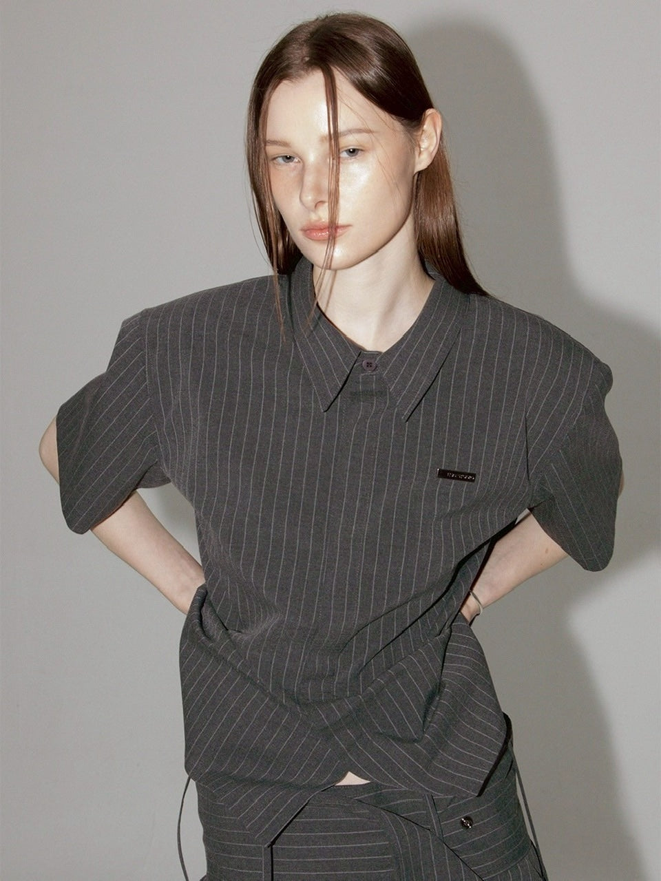 【ESC STUDIO】neat shoulder pad shirt/ 【イーエスシーステュディオ】ニートショルダーパット半袖シャツ