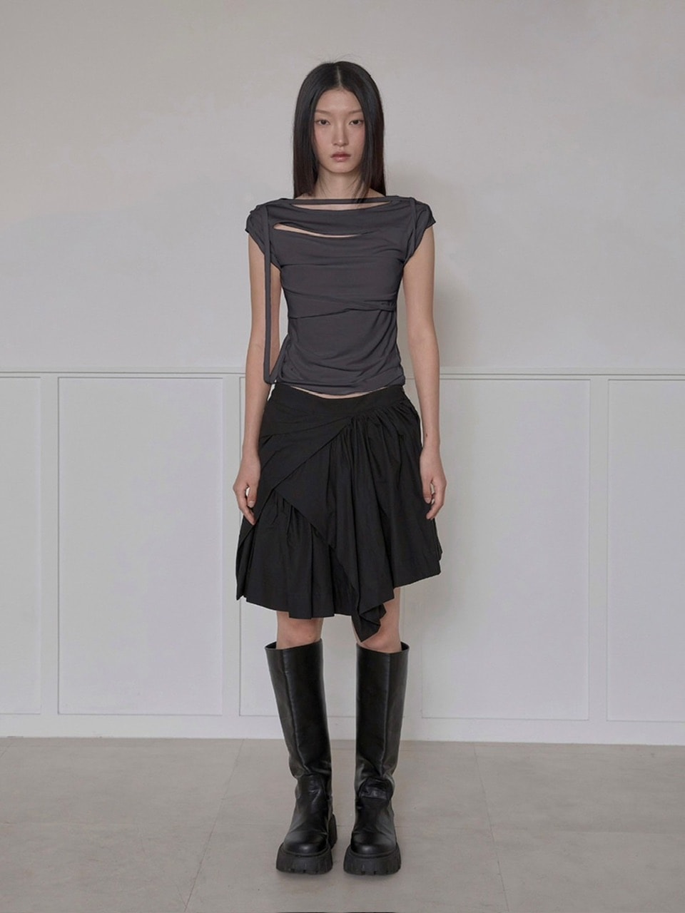 【FLAREUP】Asymmetrical Draped Strap Roll-Up T-Shirt