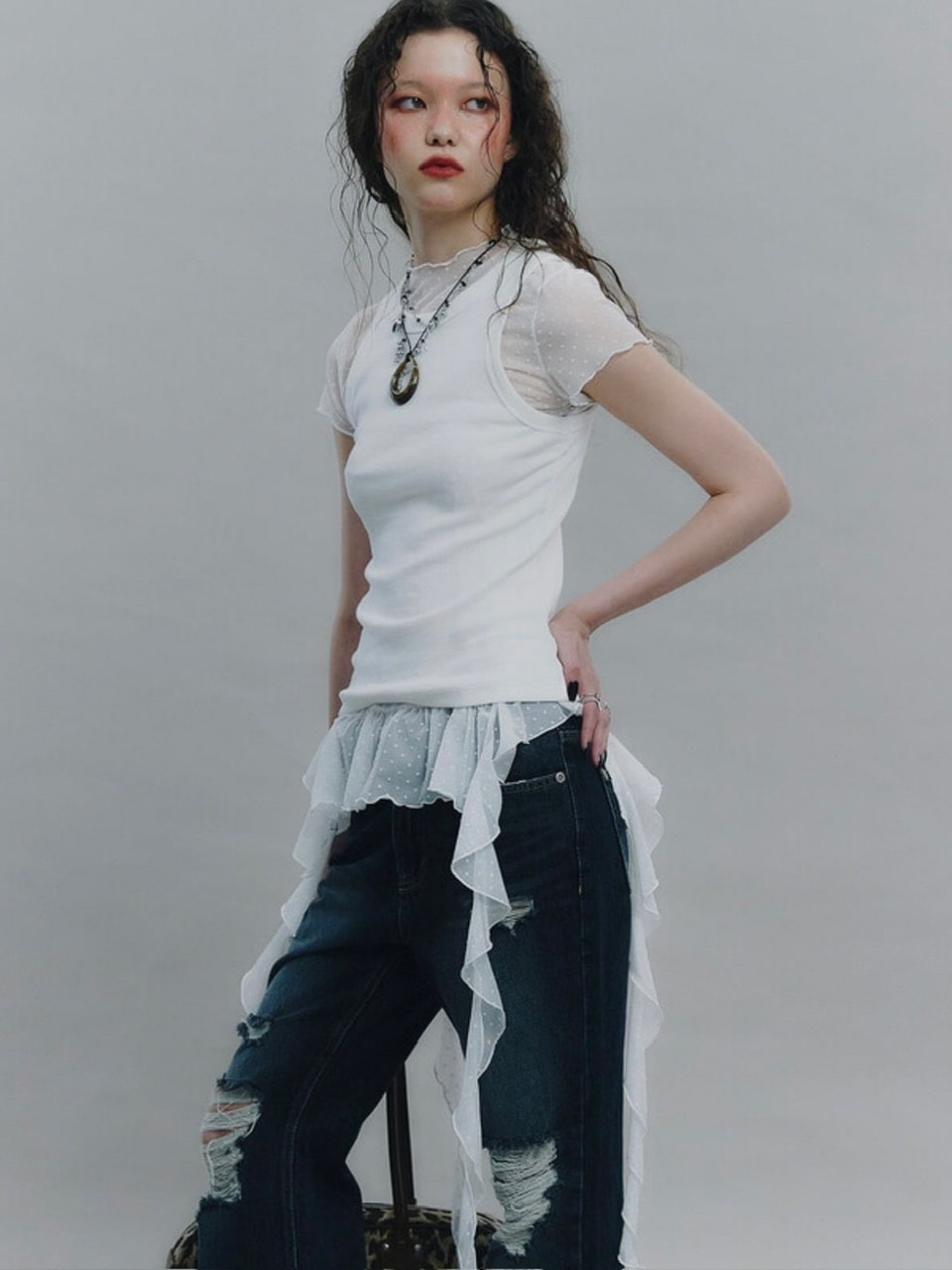 【NOT KNOWING】Dot Mesh Ruffle Top / 【ノットノーイング】ドットメッシュラッフル半袖Tシャツ