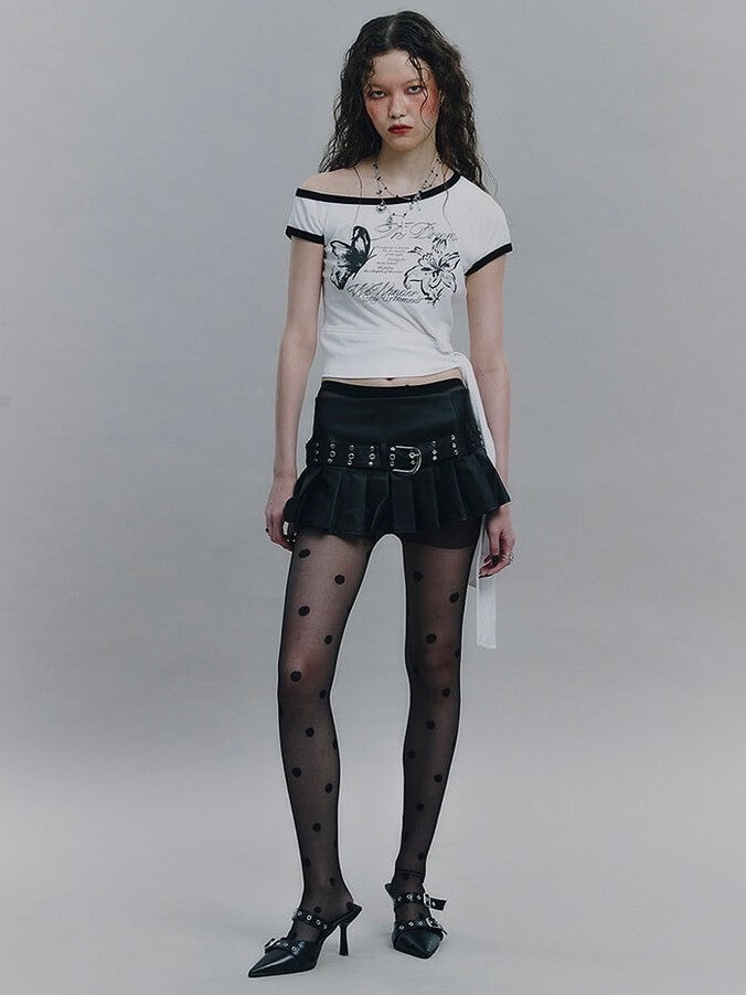 【NOT KNOWING】Tied One Off Shoulder Ringer Top / 【ノットノーイング】タイドワンオフショルダーリンガー半袖Tシャツ