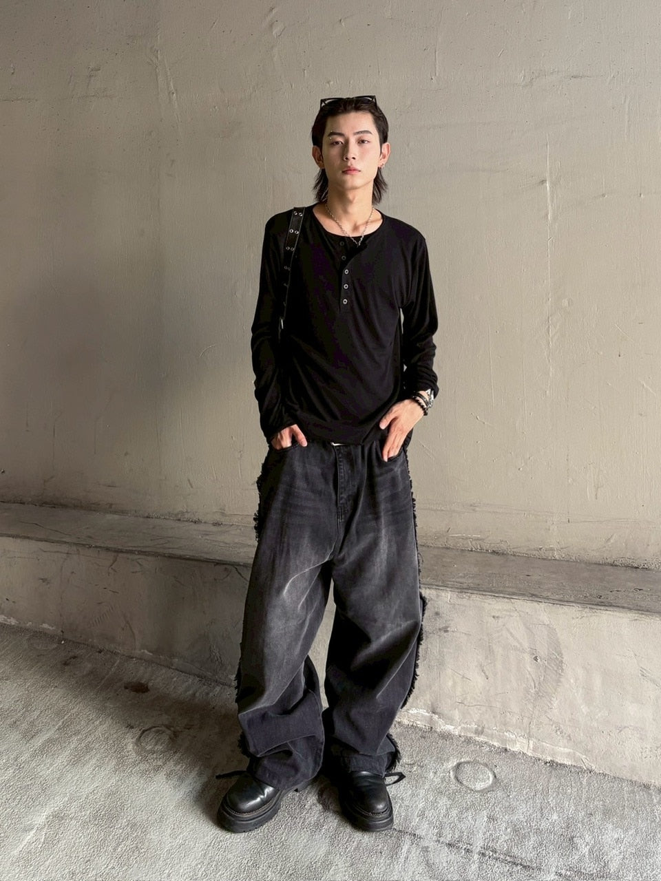 大阪店WEB限定受注制【Chikashitsu +】 fringe wide denim pants
