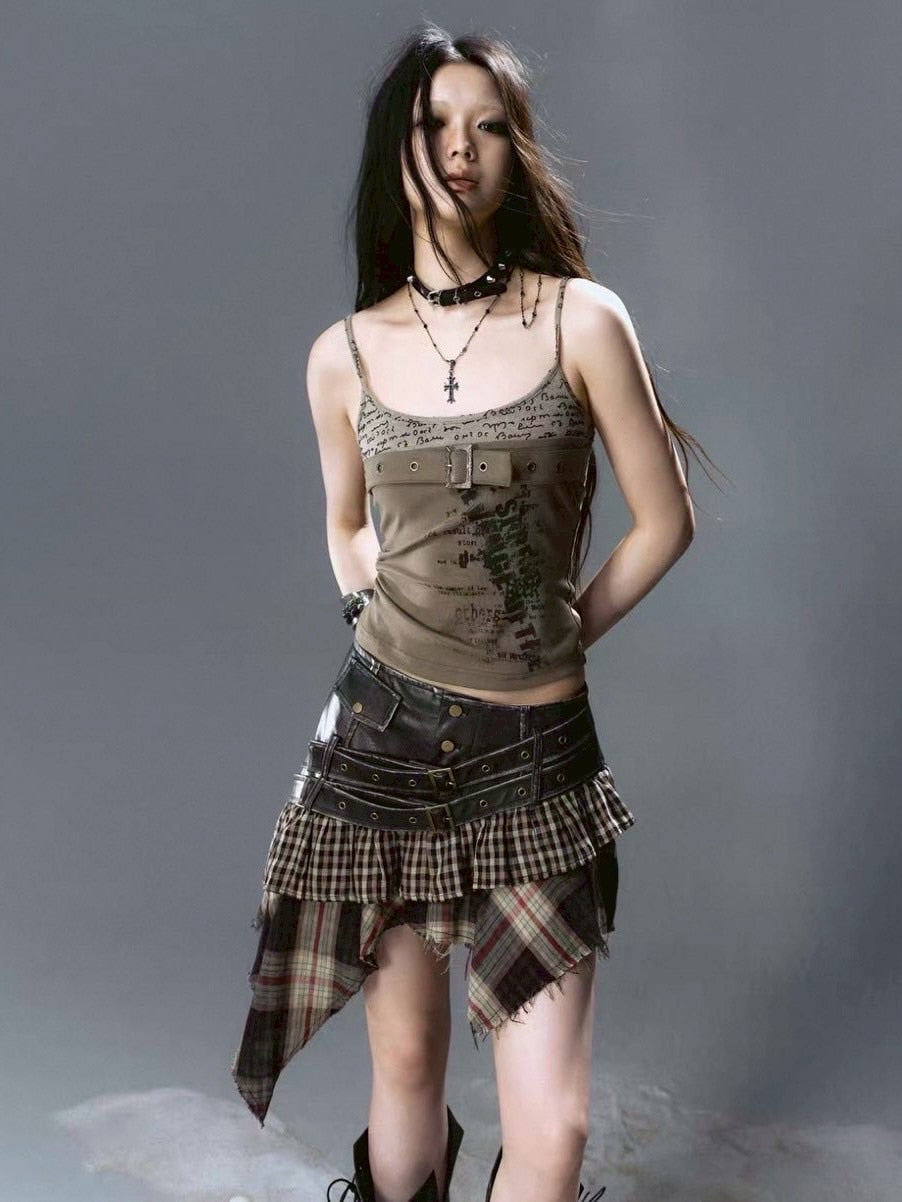 【Cest Nous】Plaid Leather Skirt / 【セヌー】ダブルベルトチェックフリルミニスカート
